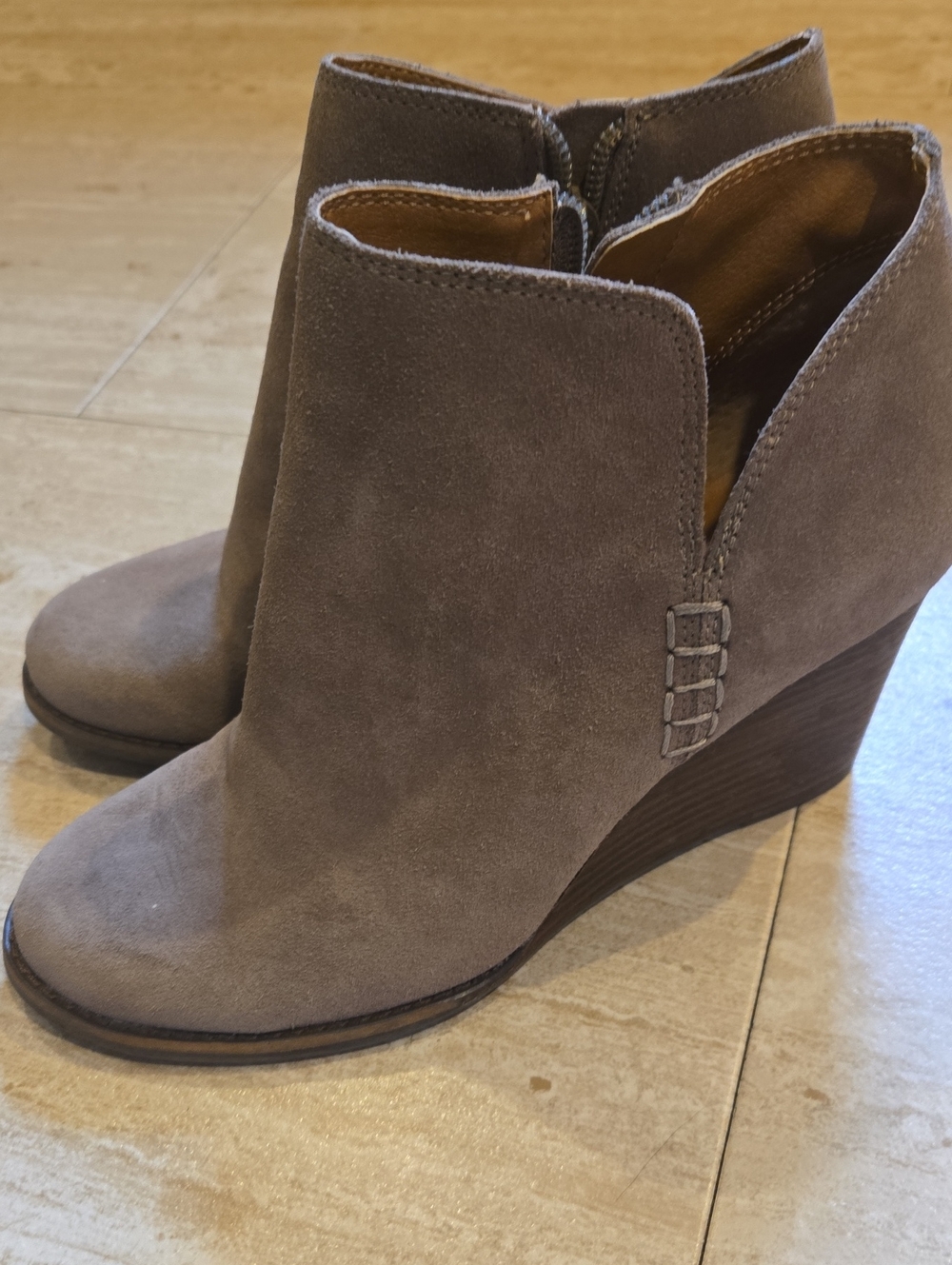 Lucky Brand Taupe Suede Wedge Zipper Ankle Boots